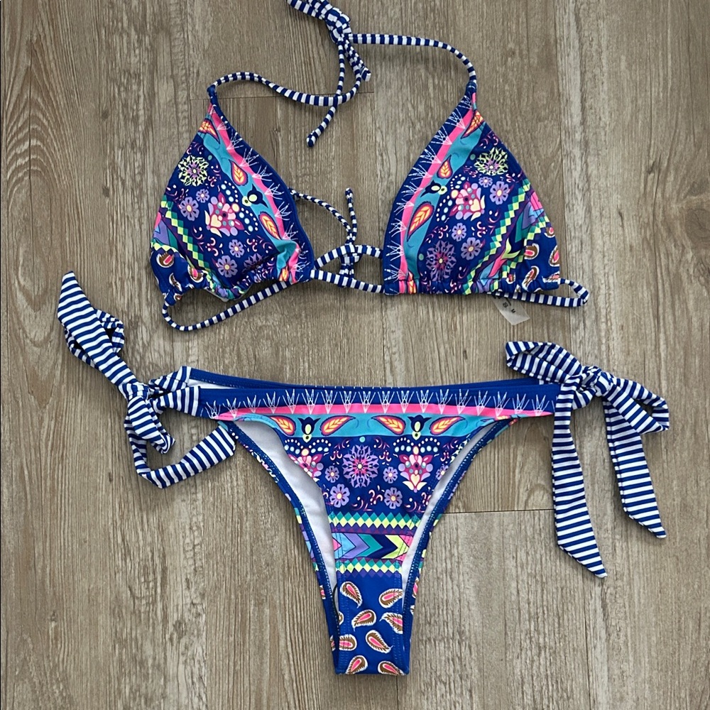 Blue multi color paisley high cut cheeky bikini set
